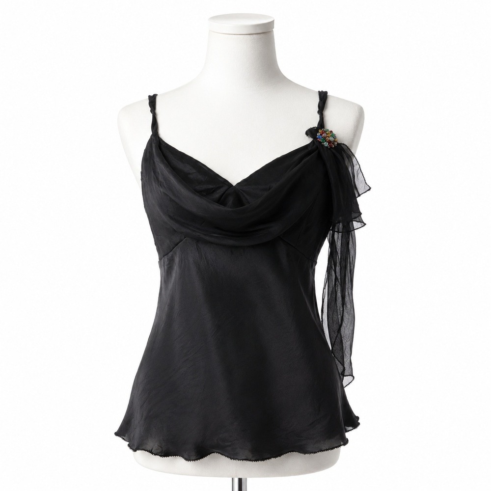 Vintage Pamela Brown M Silk Camisole Cowl Neck Rhinestone Brooch Black Femme